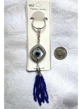 NEW Silvertone Blue Rolling Evil Eye Triangle Keychain Protection Tassel Beads